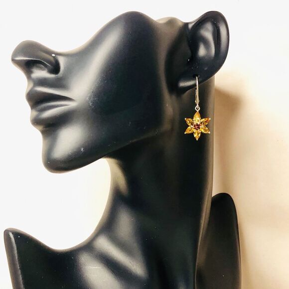 Artisan Jewelry - Sterling Silver Golden Citrine and Red Garnet Faceted Flower Earrings